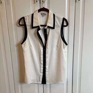 Sleeveless Contrast-Trim Button-Down Shirt - White/Black